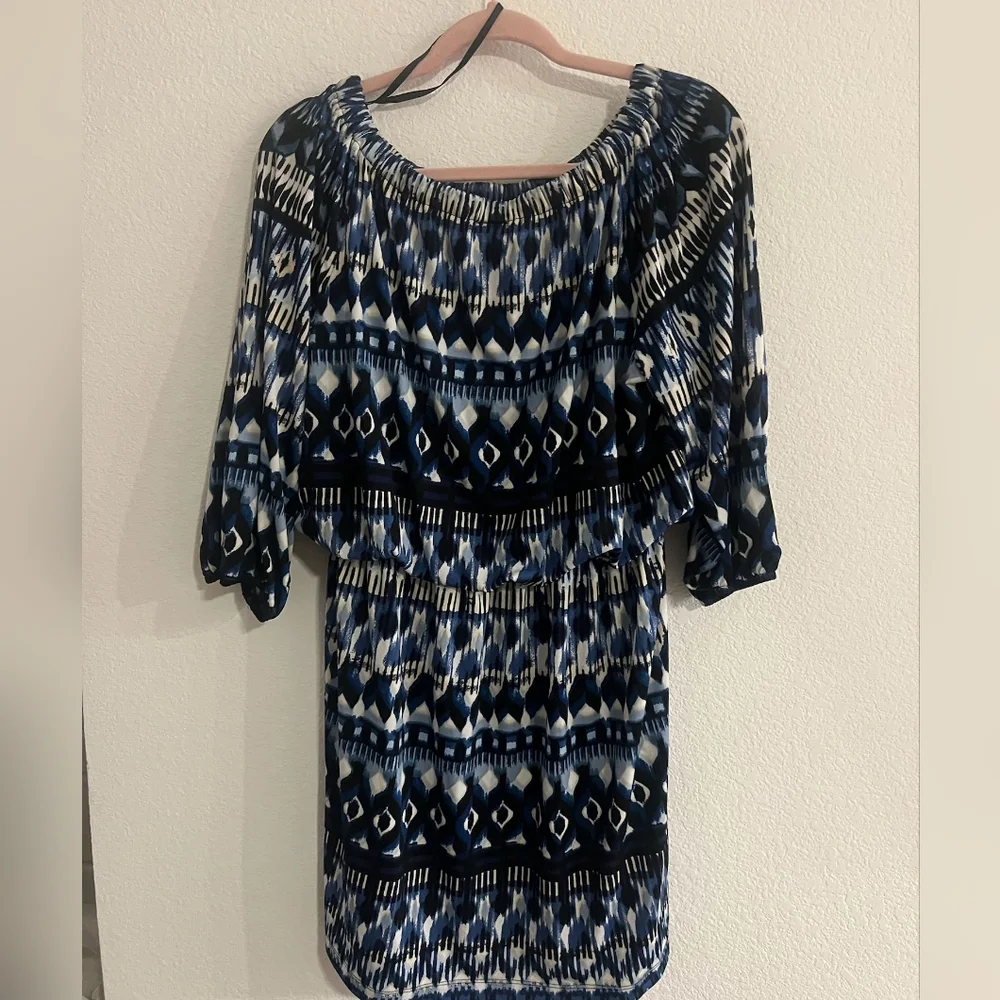 AB Studio Blue and White Printed Long Sleeve Dress - Picture 6 of 6